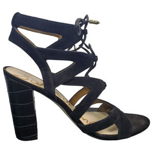 Sam Edelman Block Heel Sandal‎ Black Suede Leather Cut Out Lace Up Womens Size 8